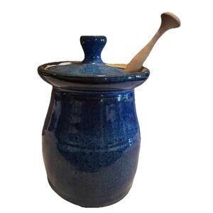 Vintage Blue Handmade Honeypot With Wooden Dipper Made In 1997
